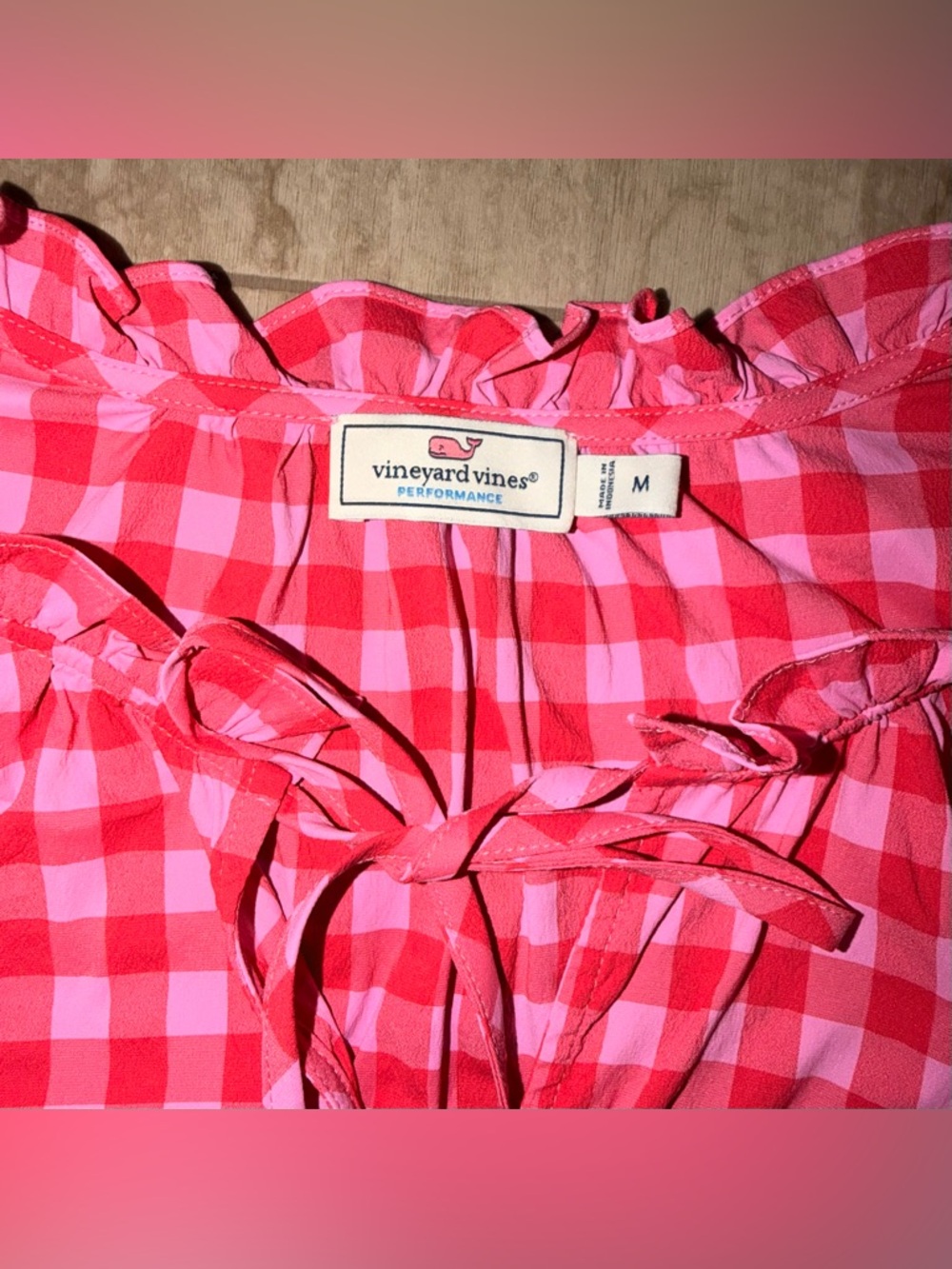 Vineyard Vines Women's Performance Sleeveless Gingham Ruffled Pink Medium - Picture 5 of 10